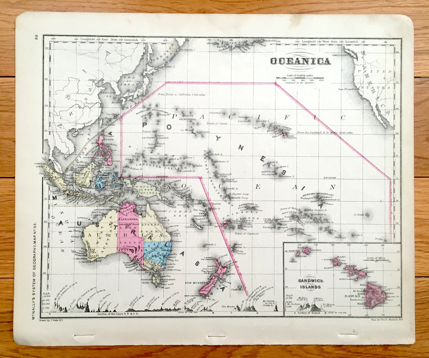 Antique Oceania 1866 Rand McNally Map – Australia, New Zealand, Tasmania, Polynesia, Philippines, Hawaii, Borneo, Sumatra, Java, Malaysia