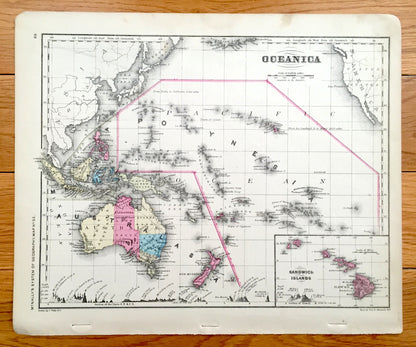 Antique Oceania 1866 Rand McNally Map – Australia, New Zealand, Tasmania, Polynesia, Philippines, Hawaii, Borneo, Sumatra, Java, Malaysia