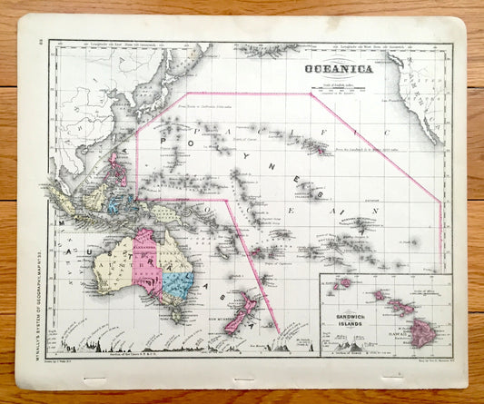 Antique Oceania 1866 Rand McNally Map – Australia, New Zealand, Tasmania, Polynesia, Philippines, Hawaii, Borneo, Sumatra, Java, Malaysia