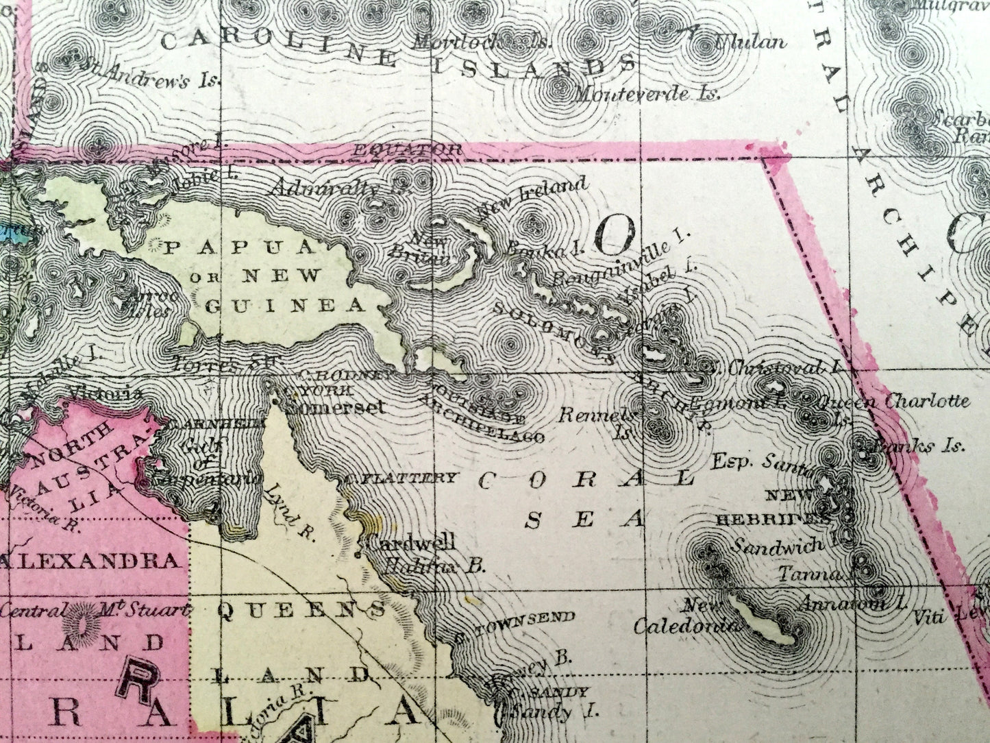 Antique Oceania 1866 Rand McNally Map – Australia, New Zealand, Tasmania, Polynesia, Philippines, Hawaii, Borneo, Sumatra, Java, Malaysia