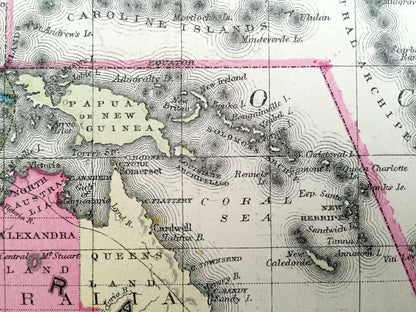 Antique Oceania 1866 Rand McNally Map – Australia, New Zealand, Tasmania, Polynesia, Philippines, Hawaii, Borneo, Sumatra, Java, Malaysia