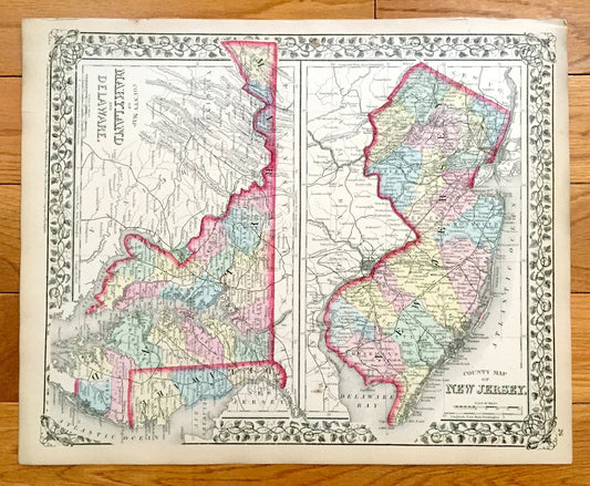 Antique 1874 Maryland, New Jersey & Delaware State Map by S.A. Mitchell – Baltimore, Washington DC, Wilmington, Pennsylvania, Cape May NJ MD