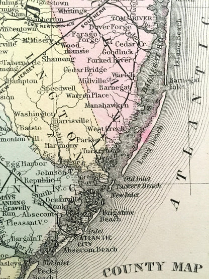 Antique 1874 Maryland, New Jersey & Delaware State Map by S.A. Mitchell – Baltimore, Washington DC, Wilmington, Pennsylvania, Cape May NJ MD