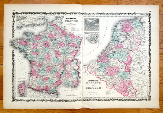 Antique 1864 France, Holland & Belgium Map by Johnson and Ward – Paris, Amsterdam, Brussels, Rotterdam, Nantes, Lyon, Dusseldorf, Luxembourg
