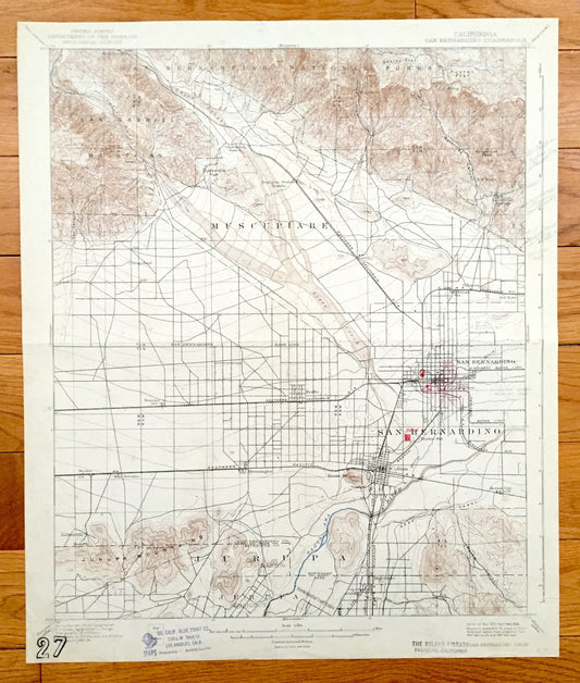 Antique San Bernardino California 1901 US Geological Survey Topographic Map – Riverside, Arrowhead Springs Grapeland Valencia Colton Lake CA