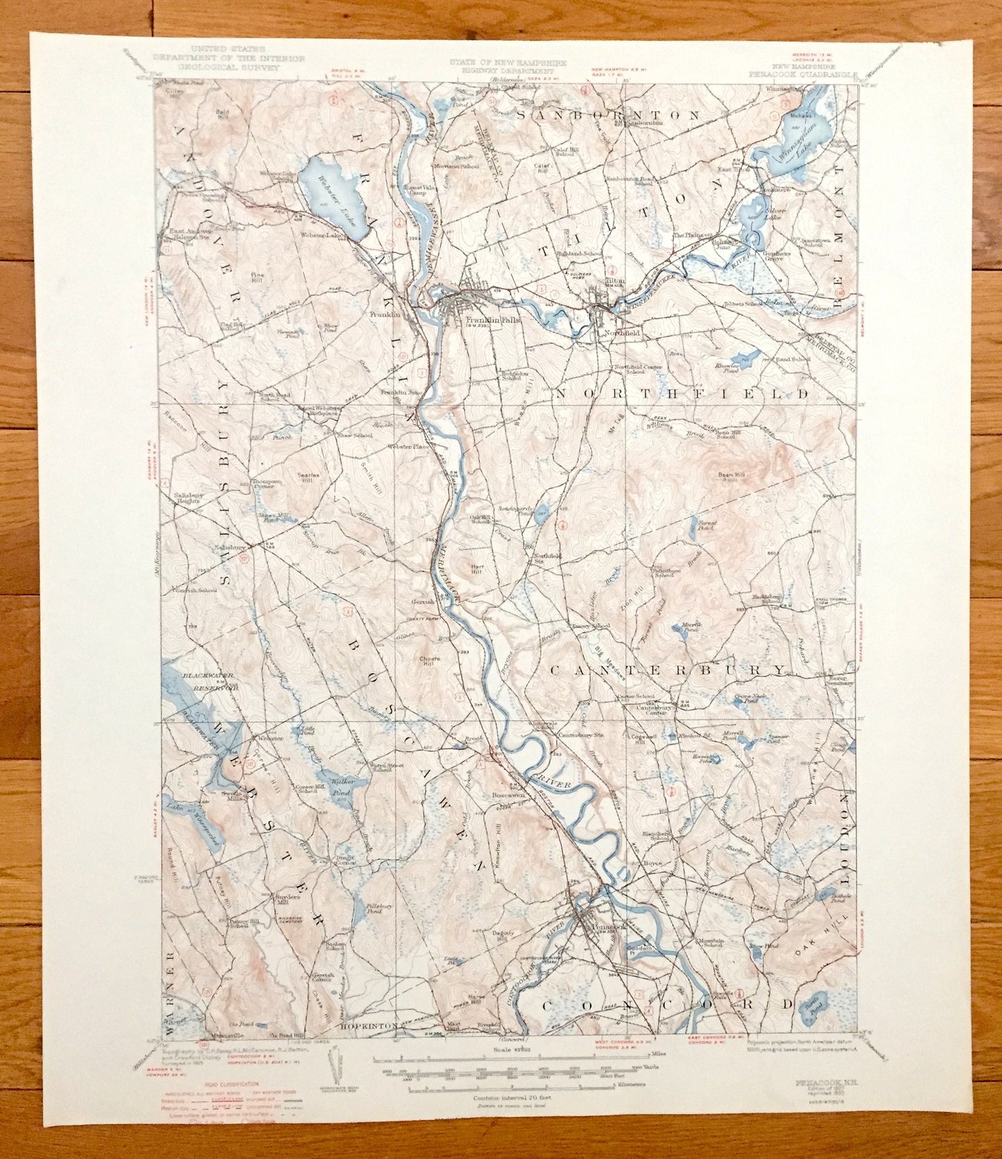 Antique Penacook, New Hampshire 1927 US Geological Survey Topographic Map – Franklin Falls Tilton Salisbury Concord Canterbury Winnisquam NH