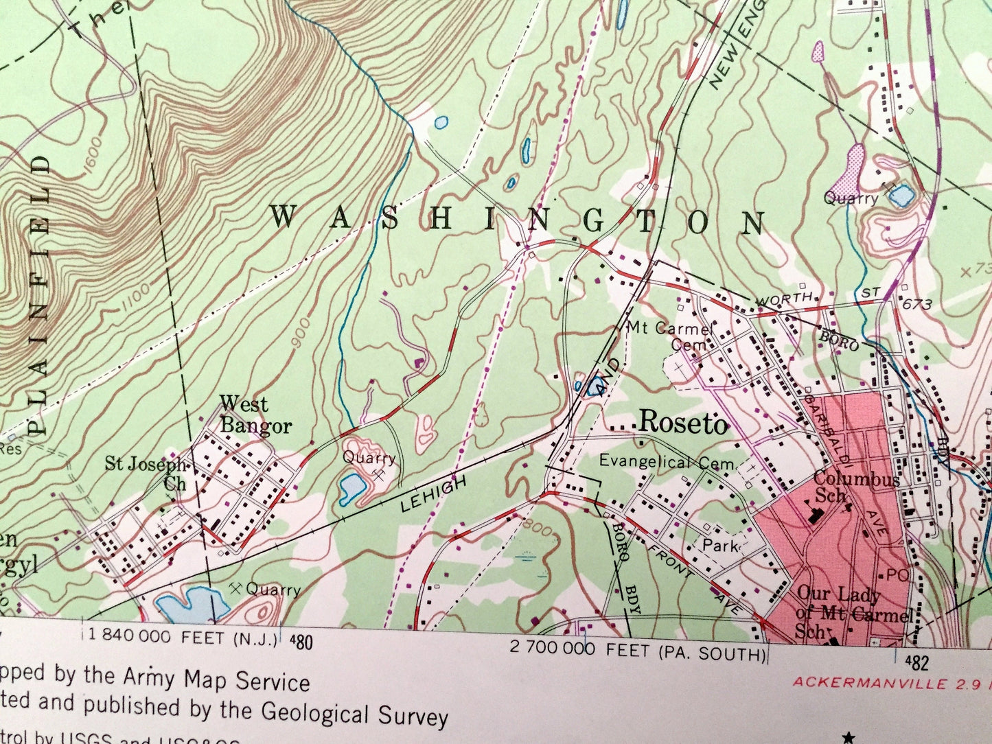 Antique Stroudsburg, Pennsylvania & NJ 1955 US Geological Survey Topographic Map – Monroe County, Arlington Heights, Bangor, Pen Argyl Stier