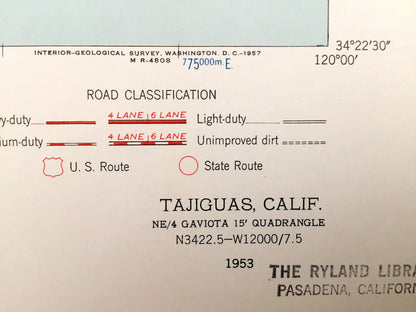 Antique Tajiguas, California 1953 US Geological Survey Topographic Map – Santa Barbara Co, Capitan, Santa Ynez Mountains, Las Flores Canyon