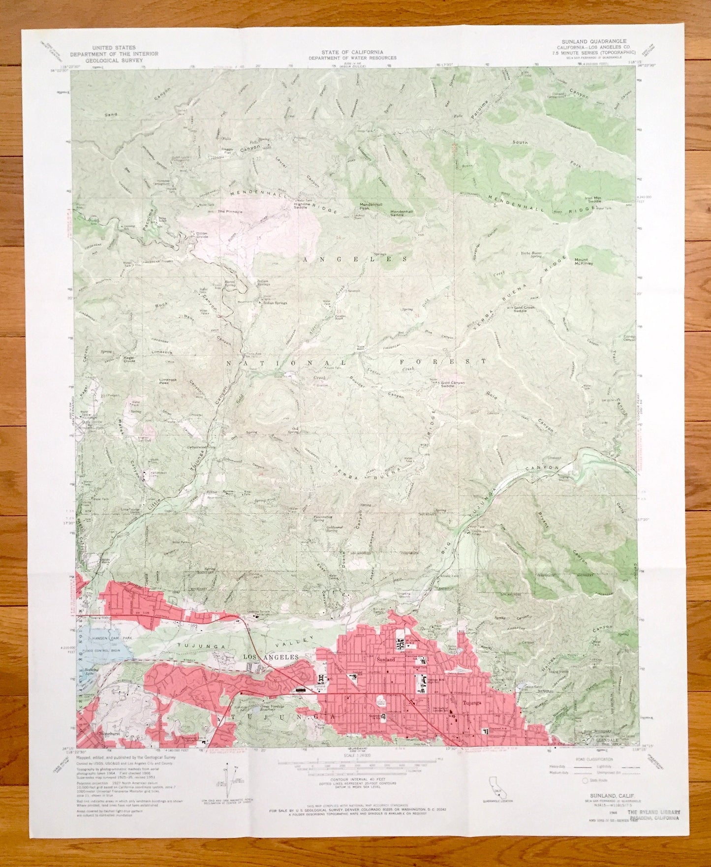Antique Sunland, California 1966 US Geological Survey Topographic Map – Los Angeles County, Glendale, Tujunga Cottonwood Glen Indian Springs