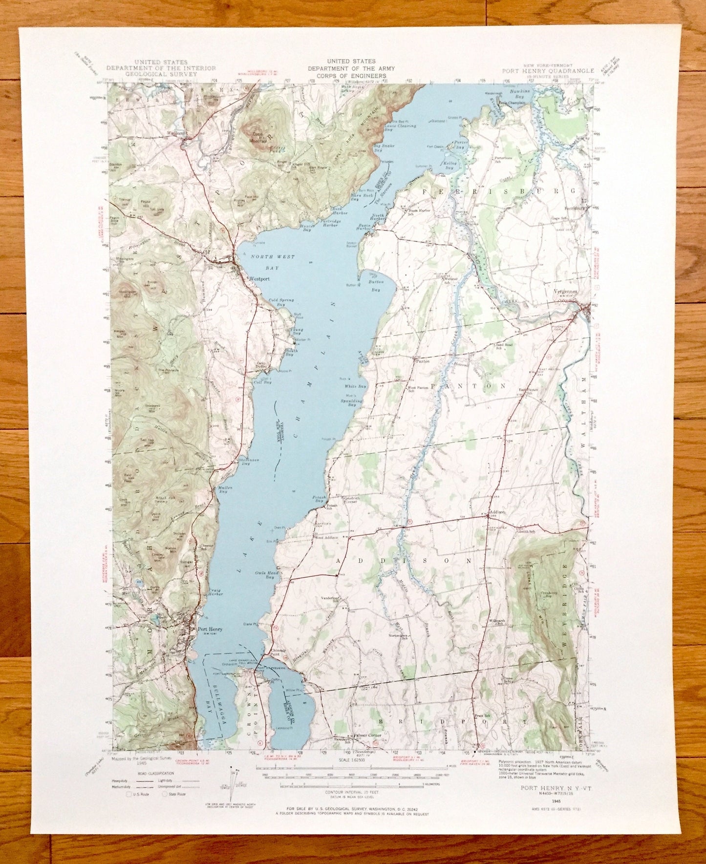 Antique Port Henry, New York 1945 US Geological Survey Topographic Map –  Lake Champlain, Lewis, Essex, Westport, Moriah, Vermont NY VT