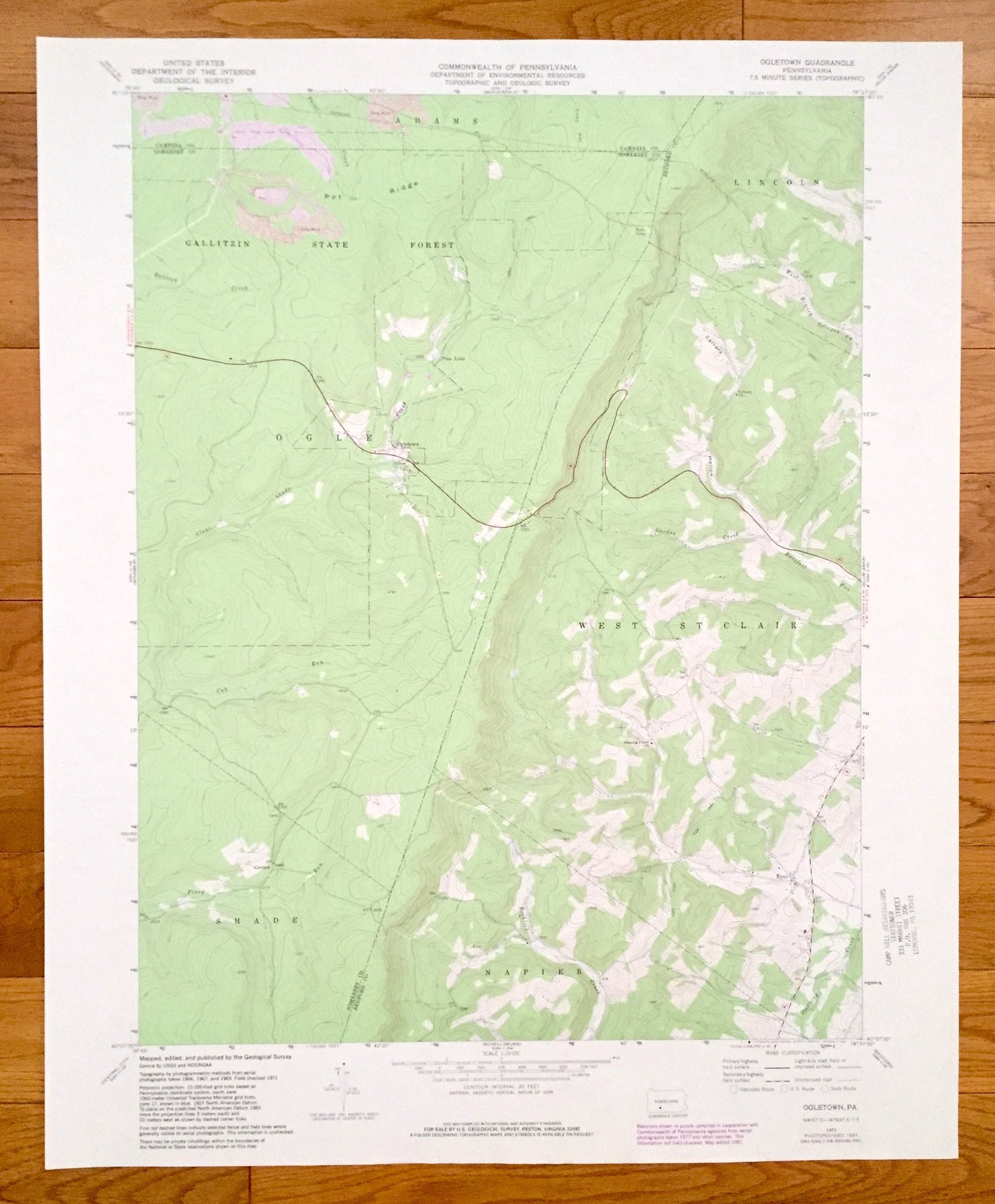 Antique Ogletown, Pennsylvania 1971 US Geological Survey Topographic Map – Somerset County, Bedford County, Cambria County, West St. Clair