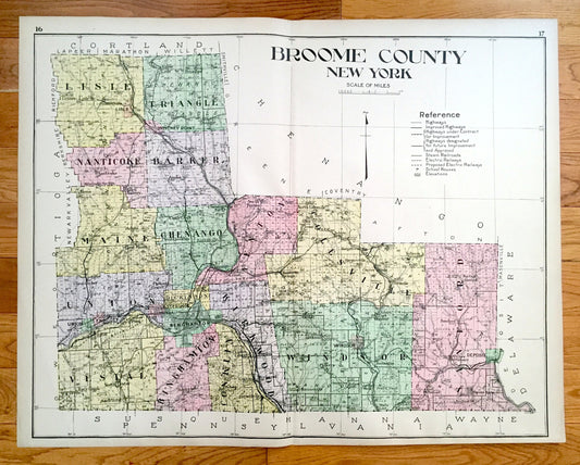 Antique Broome County, New York 1911 New Century Atlas Map – Binghamton, Lisle, Whitney Point, Deposit, Windsor, Lestershire, Sanford, NY
