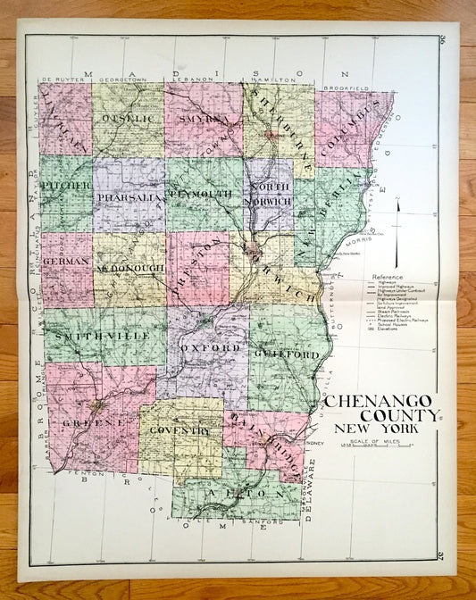 Antique Chenango County, New York 1911 New Century Atlas Map – Norwich, Oxford, Afton, Bainbridge, Sherburne, Greene, New Berlin Coventry NY
