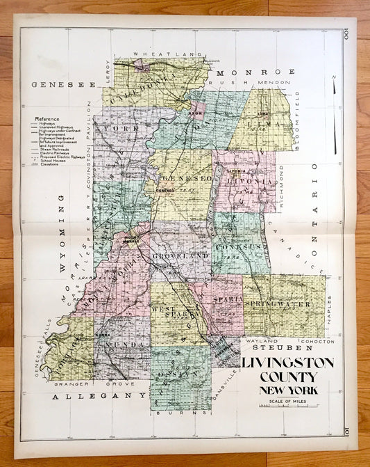 Antique Livingston County, New York 1911 New Century Atlas Map – Geneseo, Caledonia, Avon, Mount Morris, Nunda, Dansville Conesus Hemlock NY