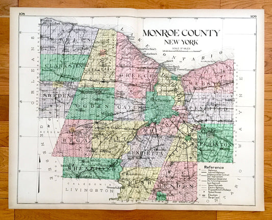 Antique Monroe County, New York 1911 New Century Atlas Map – Rochester, Irondequot, Honeoye Falls, Henrietta, Webster Pittsford Brockport NY