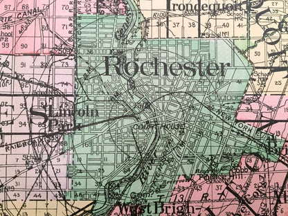 Antique Monroe County, New York 1911 New Century Atlas Map – Rochester, Irondequot, Honeoye Falls, Henrietta, Webster Pittsford Brockport NY