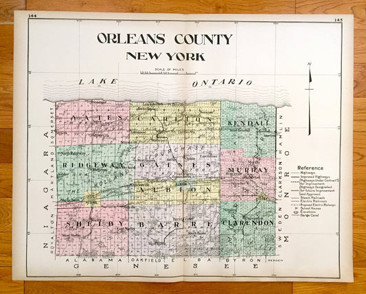 Antique Orleans County, New York 1911 New Century Atlas Map – Albion, Lyndonville, Carlton, Medina, Holley, Murray, Oak Orchard, Waterport