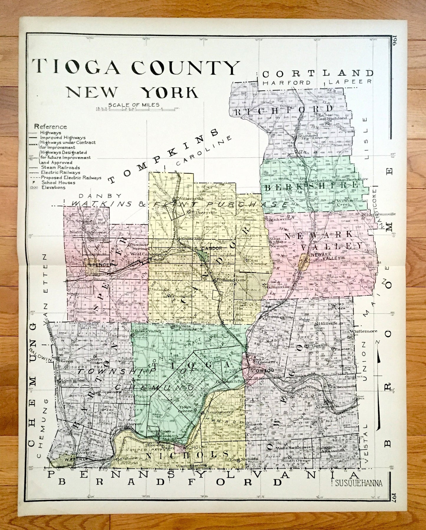 Antique Tioga County, New York 1911 New Century Atlas Map – Owego, Spencer, Nichols, Waverly, Candor, Newark Valley, Catatonk, Barton