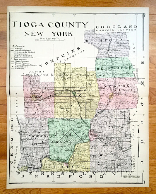 Antique Tioga County, New York 1911 New Century Atlas Map – Owego, Spencer, Nichols, Waverly, Candor, Newark Valley, Catatonk, Barton