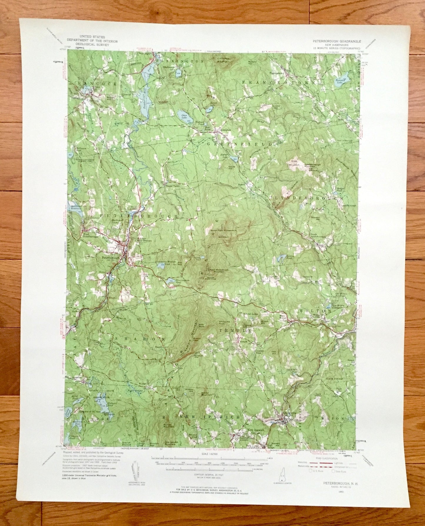 Antique Peterborough, New Hampshire 1953 US Geological Survey Topograph Map – Hancock, Greenfield, Greenville Francestown Mount Monadnock NH