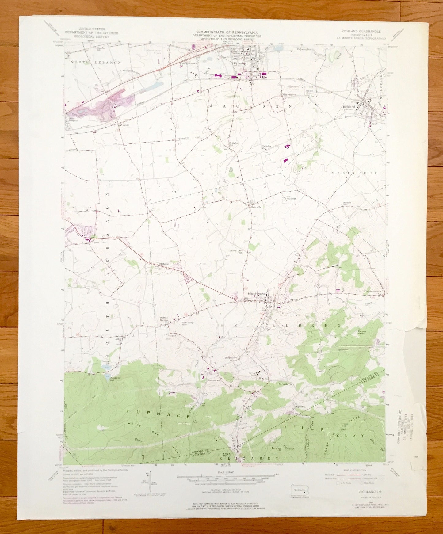 Antique Richland, Pennsylvania 1955 US Geological Survey Topographic Map – Lebanon, Lancaster County, Jackson, Heidelberg, Myerstown