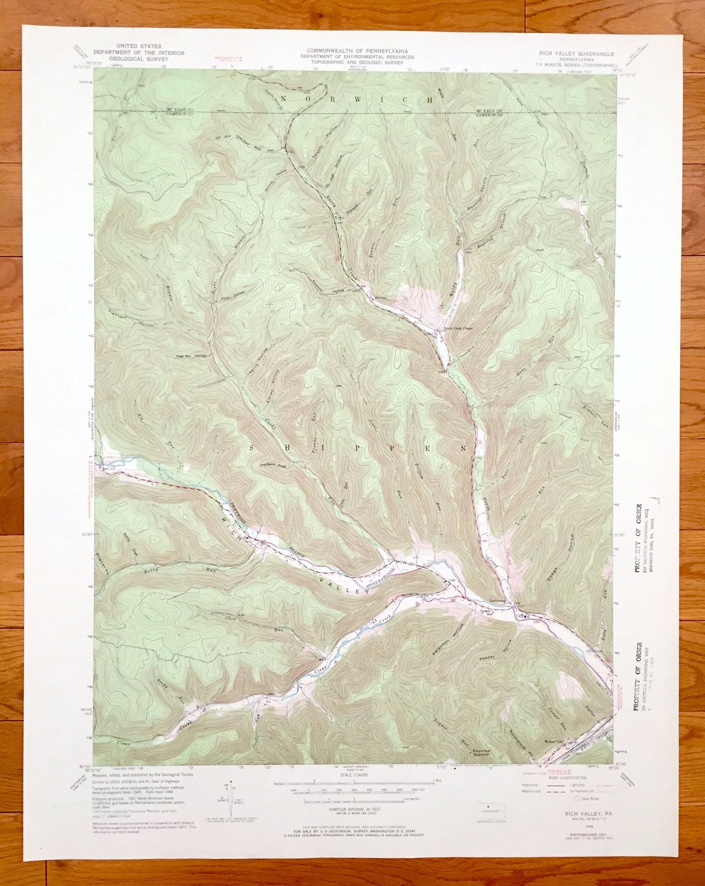 Antique Rich Valley, Pennsylvania 1948 US Geological Survey Topographic Map – McKean, Cameron County, Shippen, Norwich, Weber City, Lockwood