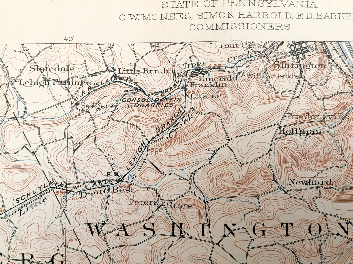 Antique Slatington, Pennsylvania 1902 US Geological Survey Topographic Map – Lehigh County, Heidelberg, Whitehall, Salisbury, Lowhill, Allen