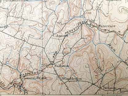 Antique Bel Air, Maryland & Pennsylvania 1901 US Geological Survey Topographic Map– Harford County, Abingdon, Marshall, Dublin, Peach Bottom