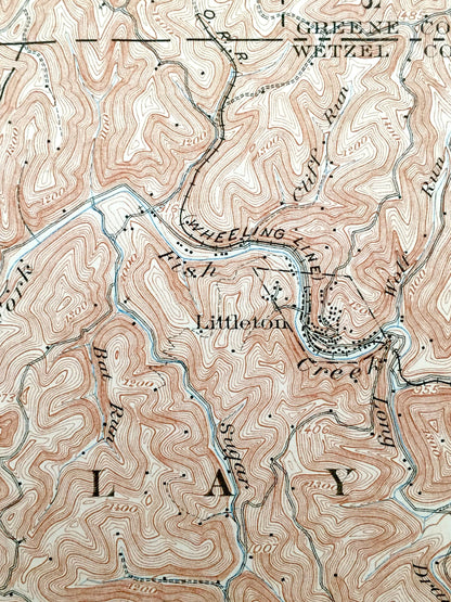 Antique Littleton, West Virginia 1905 US Geological Survey Topographic Map – Wetzel County, Proctor, Galmish, Pinegrove Meade Jacksonburg WV