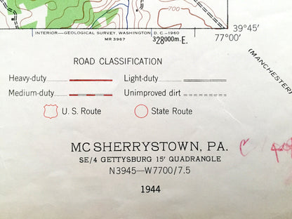 Antique McSherrystown, Pennsylvania 1944 US Geological Survey Topographic Map – Oxford, Conewago, Union, Mount Pleasant, Germany, Mount Joy