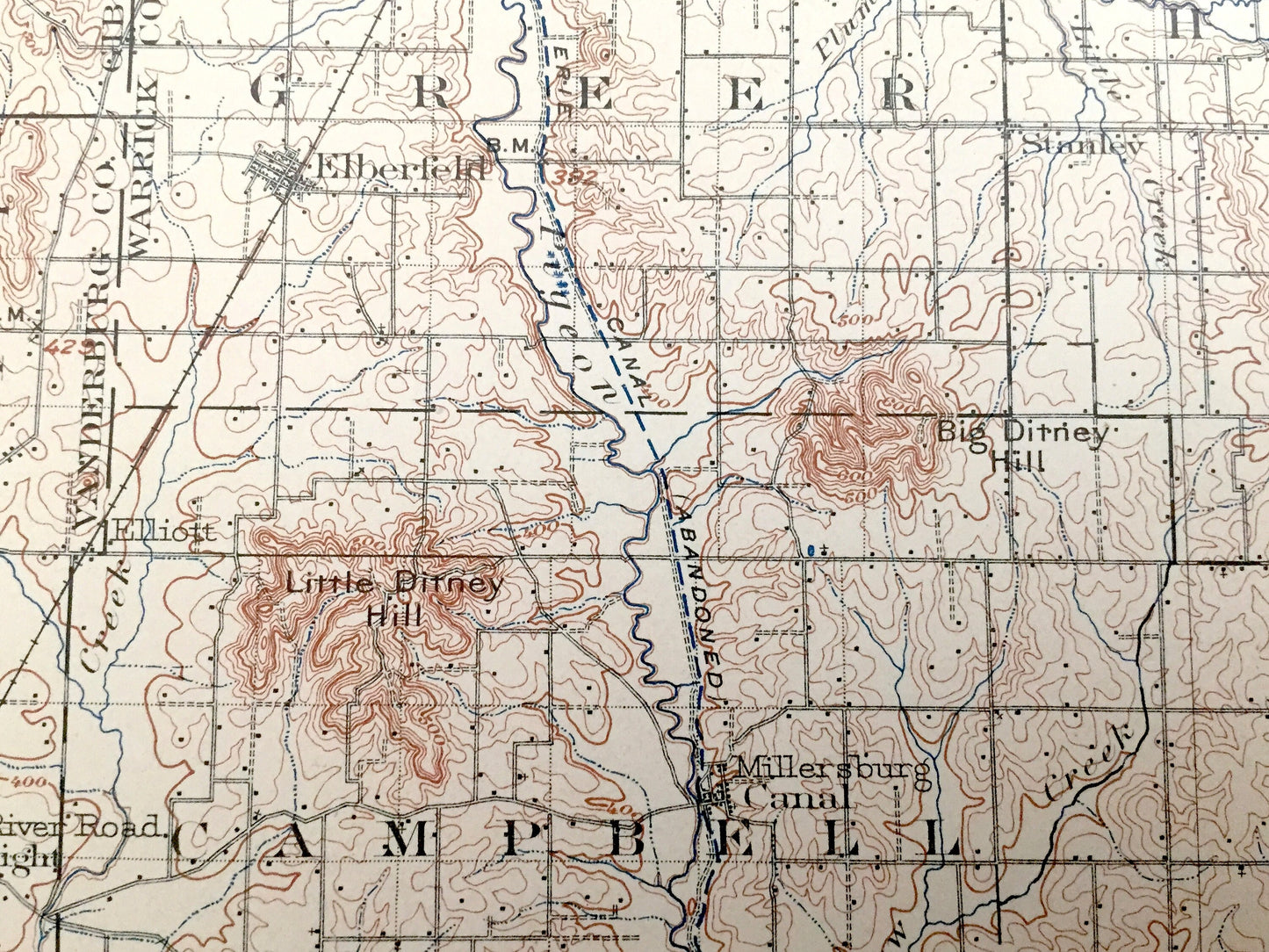 Antique Ditney, Indiana 1902 US Geological Survey Topographic Map – Gibson, Pike, Vanderburg, Dubois, Warrick, Spencer County, Lynnville, IN