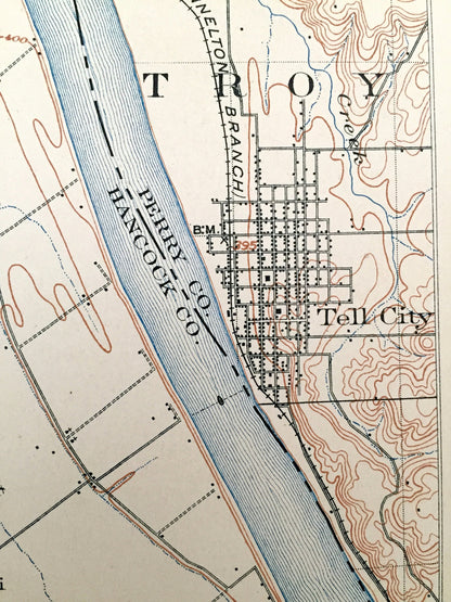 Antique Tell City, Indiana 1903 US Geological Survey Topographic Map – Perry County, Troy, Huff, Knottsville, Scythia Lewisport Grandview IN