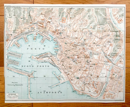 Antique 1937 Genoa, Italy Map from Muirhead's Blue Guides & Baedekers – Genova, Liguria, Carignano, Castelletto, Molo, Oregina, Ferrari