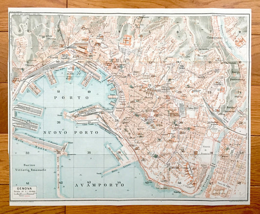 Antique 1937 Genoa, Italy Map from Muirhead's Blue Guides & Baedekers – Genova, Liguria, Carignano, Castelletto, Molo, Oregina, Ferrari