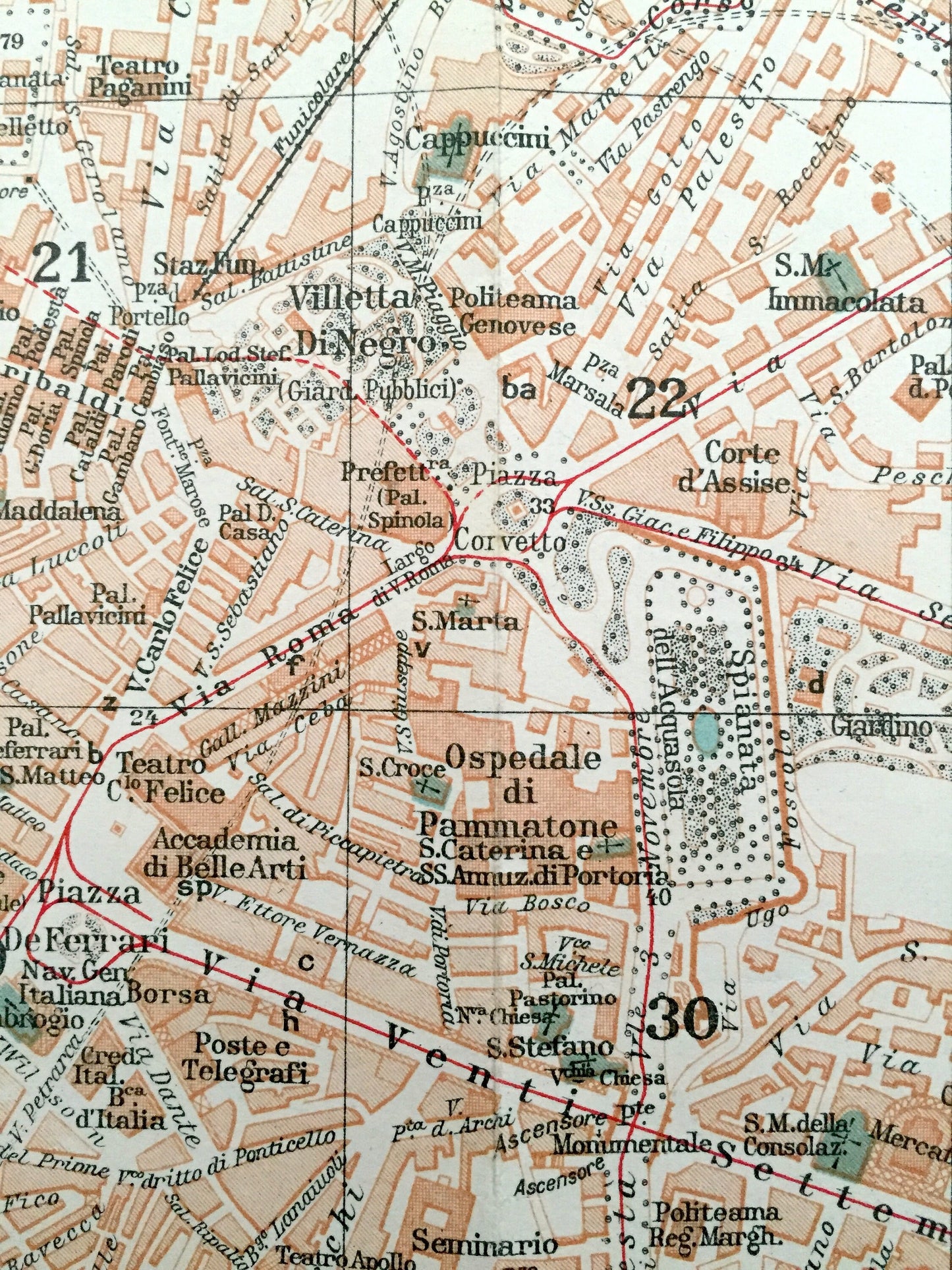 Antique 1937 Genoa, Italy Map from Muirhead's Blue Guides & Baedekers – Genova, Liguria, Carignano, Castelletto, Molo, Oregina, Ferrari