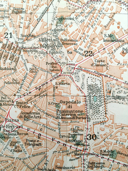 Antique 1937 Genoa, Italy Map from Muirhead's Blue Guides & Baedekers – Genova, Liguria, Carignano, Castelletto, Molo, Oregina, Ferrari