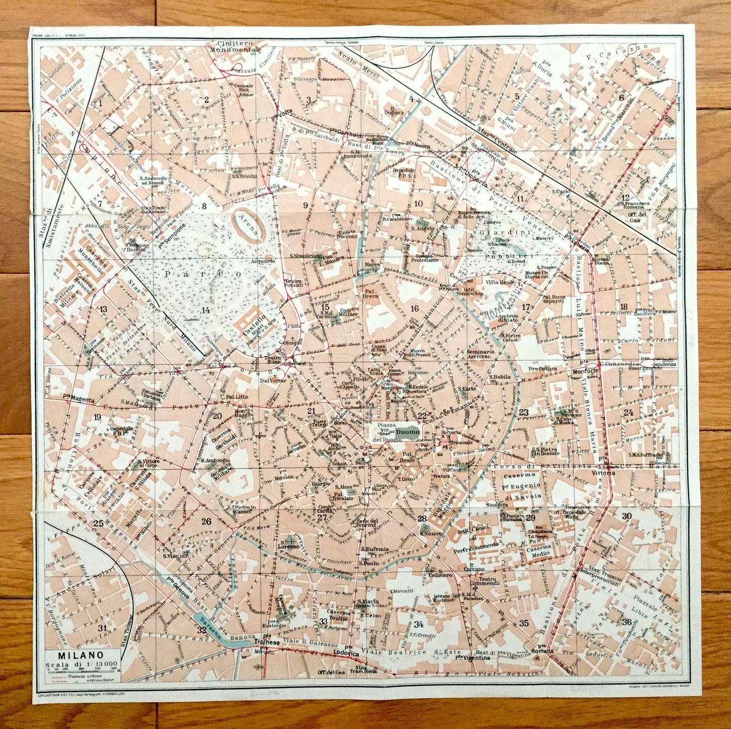 Antique 1937 Milan, Italy Map from Muirhead's Blue Guides & Baedekers – Milano, Lombardy, Castello Sforzesca, Moda, Borgogna, Brera