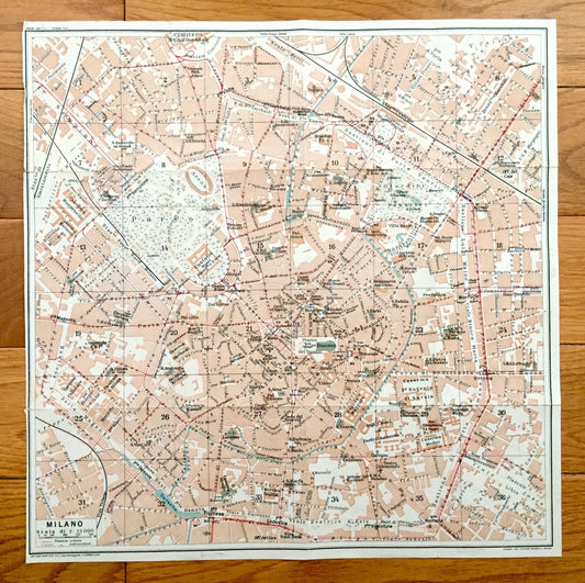 Antique 1937 Milan, Italy Map from Muirhead's Blue Guides & Baedekers – Milano, Lombardy, Castello Sforzesca, Moda, Borgogna, Brera
