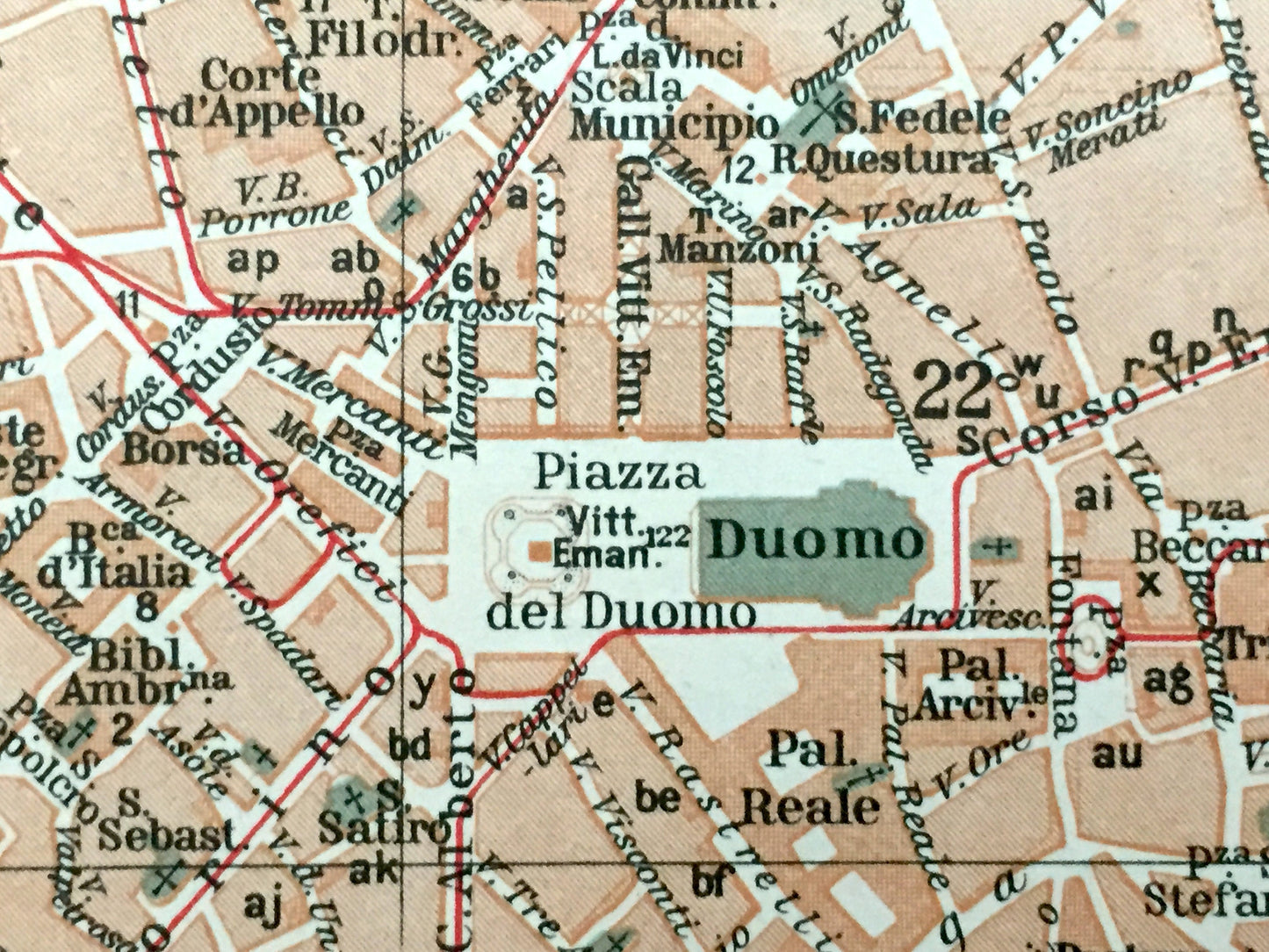 Antique 1937 Milan, Italy Map from Muirhead's Blue Guides & Baedekers – Milano, Lombardy, Castello Sforzesca, Moda, Borgogna, Brera