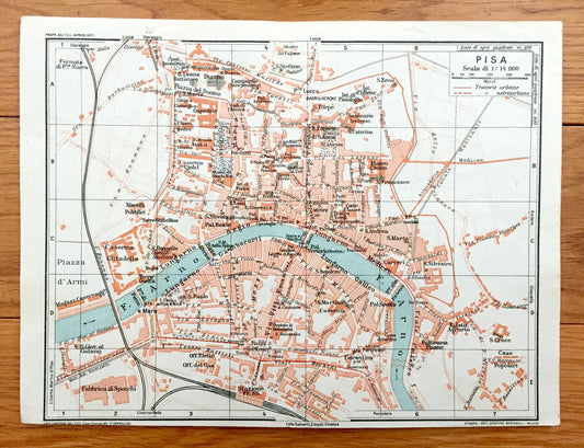 Antique 1937 Pisa, Italy Map from Muirhead's Blue Guides & Baedekers – Tuscany, Leaning Tower, Piazza dei Miracoli, Barbaricina, Santa Maria