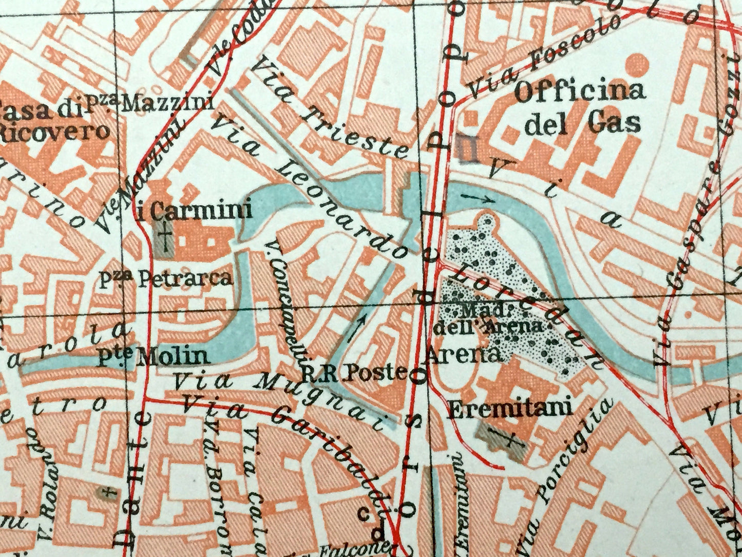 Antique 1937 Padua, Italy Map from Muirhead's Blue Guides & Baedekers – Padova, Veneto Region, Riviera Mussato, Scrovegni Chapel, Santa Rita