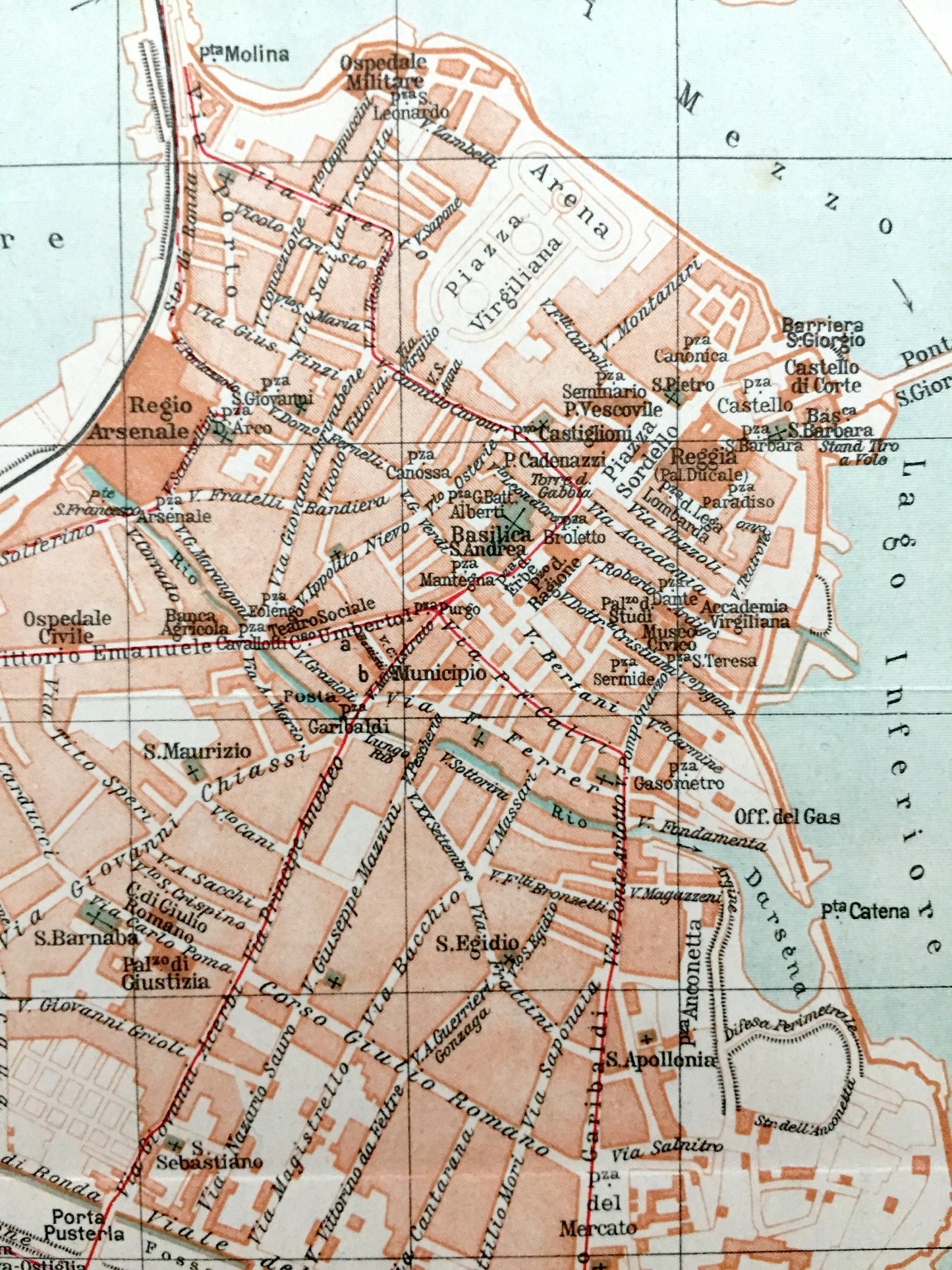 Antique 1937 Mantua, Italy Map from Muirs Blue Guide Baedekers Atlas – Mantova, Lombardy, Gonzaga, Palazzo Te, Ducal Palace, Lago di Mezzo