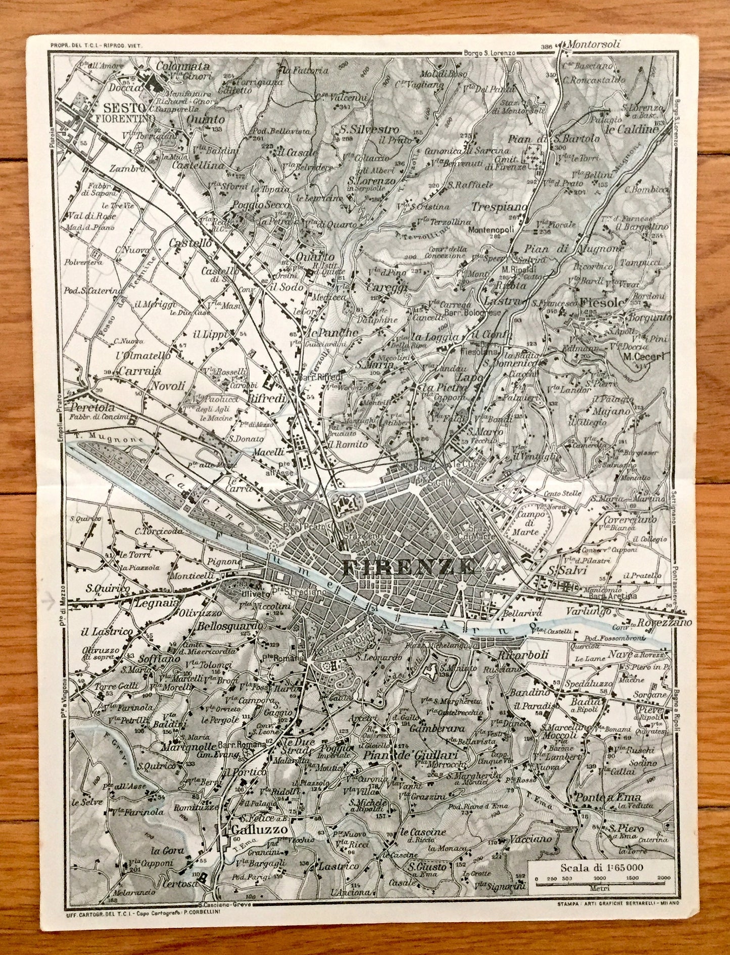 Antique 1937 Florence, Italy Map from Muirhead's Blue Guides & Baedekers – Firenze, Tuscany, Arno, Ponte Vecchio, Uffizi, Fiesole, Sesto