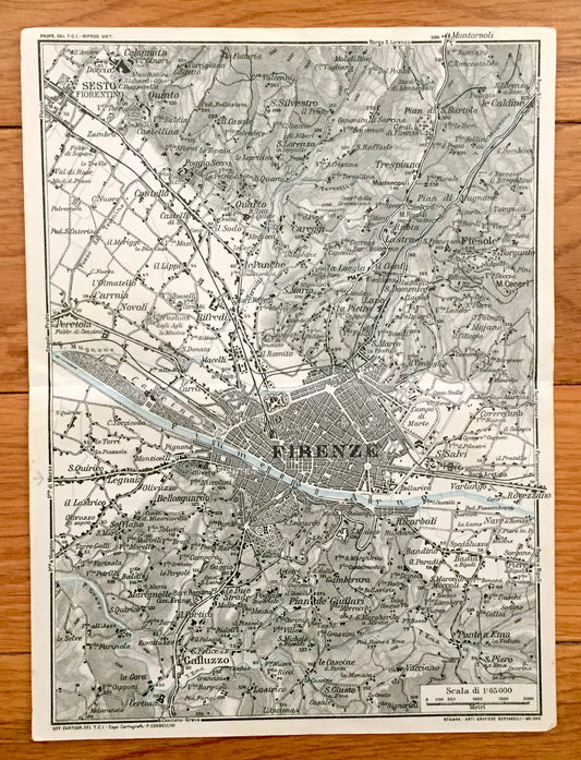 Antique 1937 Florence, Italy Map from Muirhead's Blue Guides & Baedekers – Firenze, Tuscany, Arno, Ponte Vecchio, Uffizi, Fiesole, Sesto