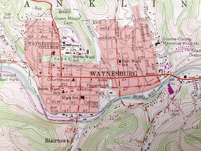 Antique Waynesburg, Pennsylvania 1961 US Geological Survey Topographic Map – Greene County, Washington County, Washington, Franklin, Center