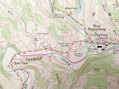 Antique Waynesburg, Pennsylvania 1961 US Geological Survey Topographic Map – Greene County, Washington County, Washington, Franklin, Center