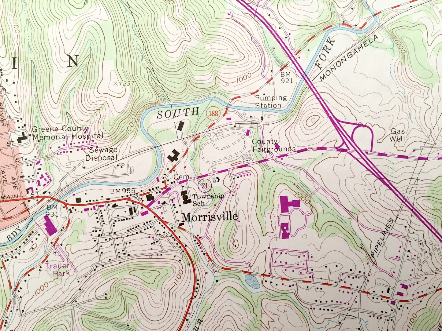 Antique Waynesburg, Pennsylvania 1961 US Geological Survey Topographic Map – Greene County, Washington County, Washington, Franklin, Center