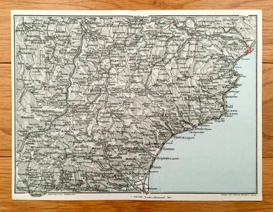 Antique 1937 Savona, Italy Map from Muirhead's Blue Guides & Baedekers – Liguria, Albenga, Noli, Loana, Finale, Calizzano, Spotorno