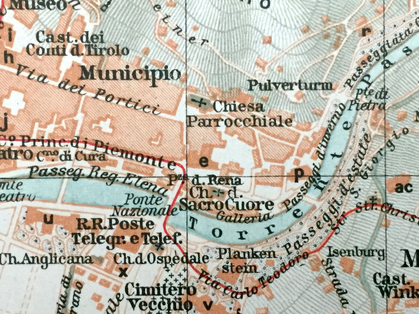 Antique 1937 Merano, Italy Map from Muirhead's Blue Guides & Baedekers – South Tyrol, Alps, Trauttmansdorff Castle, Sissi's Path, Ifinger