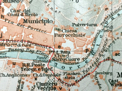 Antique 1937 Merano, Italy Map from Muirhead's Blue Guides & Baedekers – South Tyrol, Alps, Trauttmansdorff Castle, Sissi's Path, Ifinger